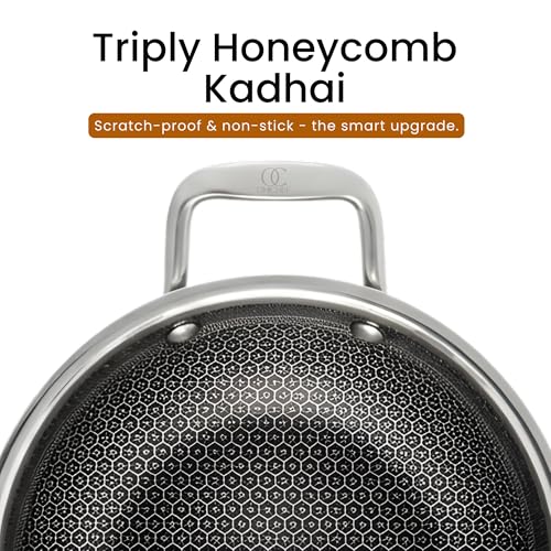 Omichef Triply Honeycomb Kadai/Kadhai with Stainless Steel Lid | Small 20 Cm (1.7 L, 1.28 Kg) | ISI Certified, Induction & Gas Stove Friendly, 100% Food-Grade & Toxin-Free Cookware (5 Year Warranty) - Image 2
