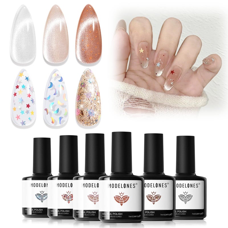 Modelones Gel Nail Polish Set, 6 Colors 2026 Nude Brown Sliver Cat Eye Gel Polish Creative Stars Moon Shape Glitter Nail Polish with Magnet& Wooden Stick All Seasons Soak Off LED Manicure Kit DIY Gift - Image 1