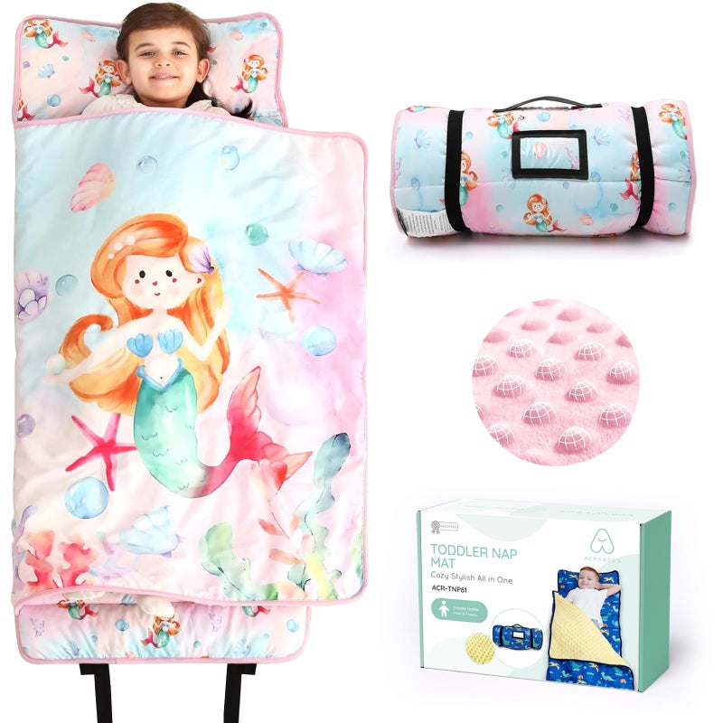 ACRABROS Toddler Nap Mat with Pillow and Blanket Extra Large Rolled Napping MatsSlumber Bags for Boys GirlsKids Sleeping Bag for Daycare Preschool Travel Camping Shell Mermaid