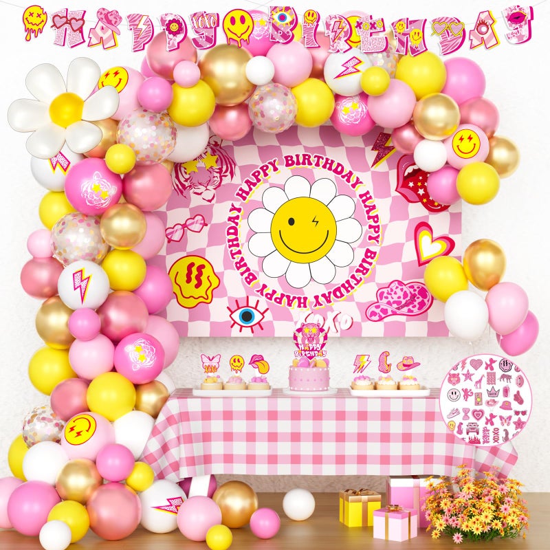 Fiesec Preppy Birthday Decorations  Y2K Smiley Face Party Pack Pink  Yellow Backdrop Banner Balloon Garland Tablecloth Cake  Cupcake Toppers Stickers  Cutouts