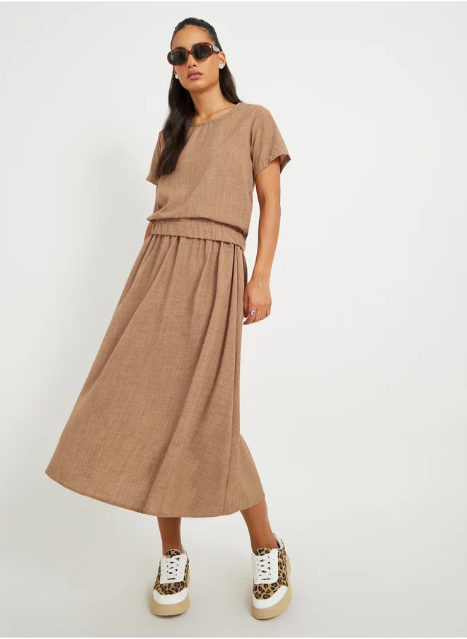 Take Two Take Two Solid Short Sleeve Top and Midi Skirt Co-Ords