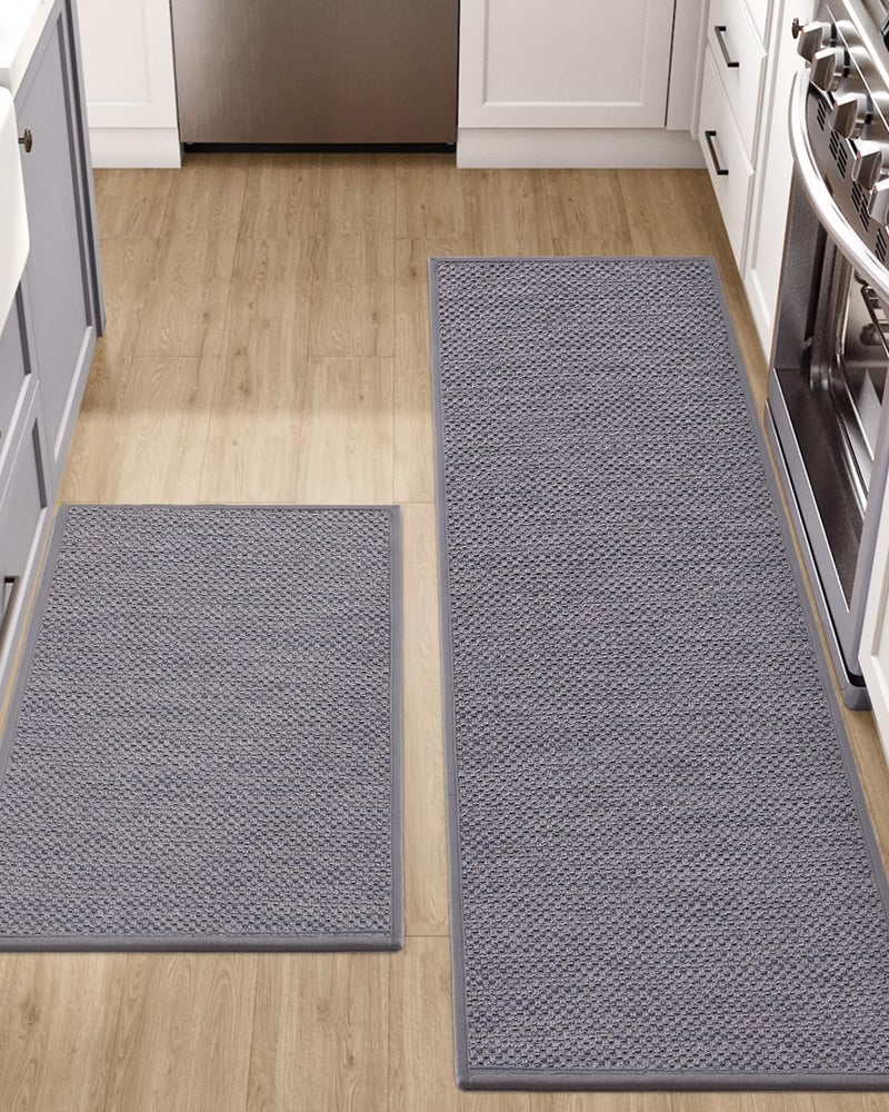 DEXI 2 Pcs Kitchen Mats and Rugs for Floor, 44x75 + 44x150 cm, Non Slip Washable Absorbent Thin Woven Runner Rug for Front of Sink, Laundry Room, Hallway, Grey - Image 1
