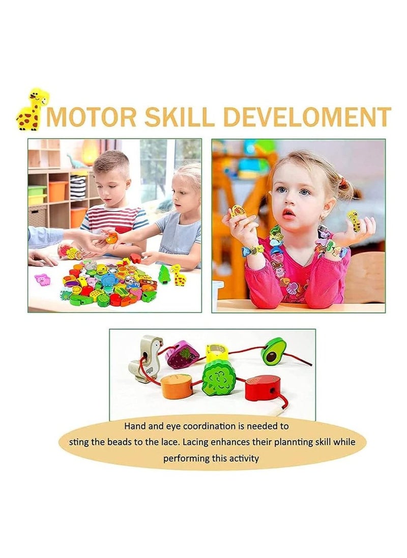 YelaJoy Wooden Lacing Bead Toy, 46 Pcs Montessori Toddler Wooden Beads Toys, Wooden Threading Bead, Exercise Hand-Eye Coordination, Threading Toys for Kids 3~6 Year Old Boys Girls  - Image 2