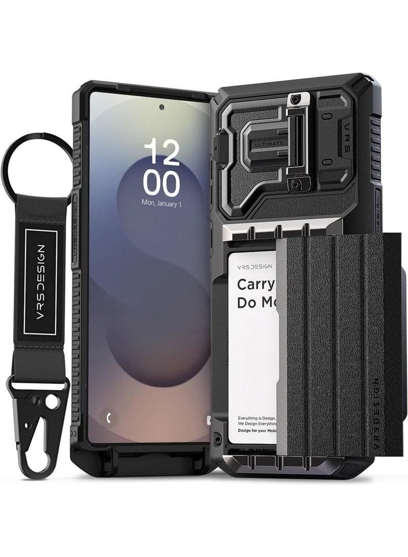 VRS Design Damda Glide Ultimate Samsung Galaxy S25 ULTRA Case Cover Wallet with Semi Automatic Credit Card Holder Slot [4 Cards] & Camera Lens Protector Kickstand - Black - Image 1