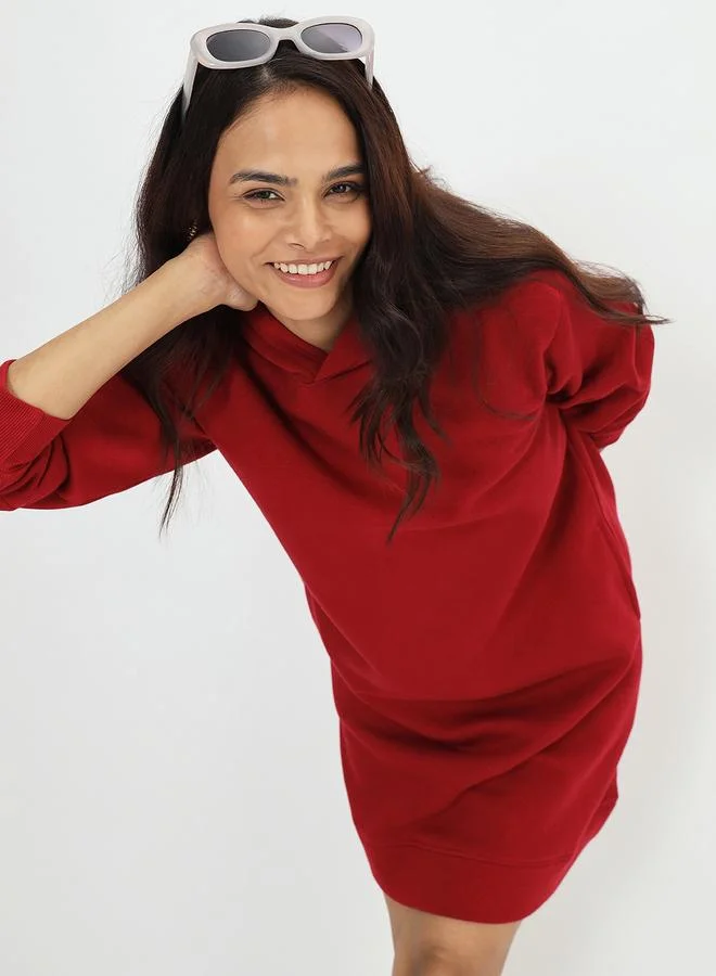 Femmella Red Fleece Hooded Mini Sweatshirt Dress