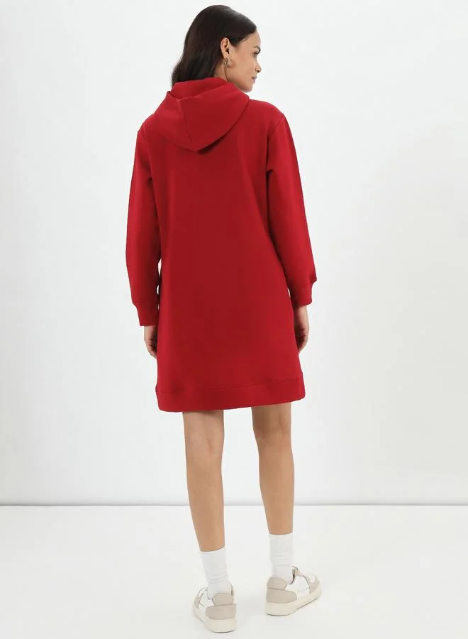 Femmella Red Fleece Hooded Mini Sweatshirt Dress