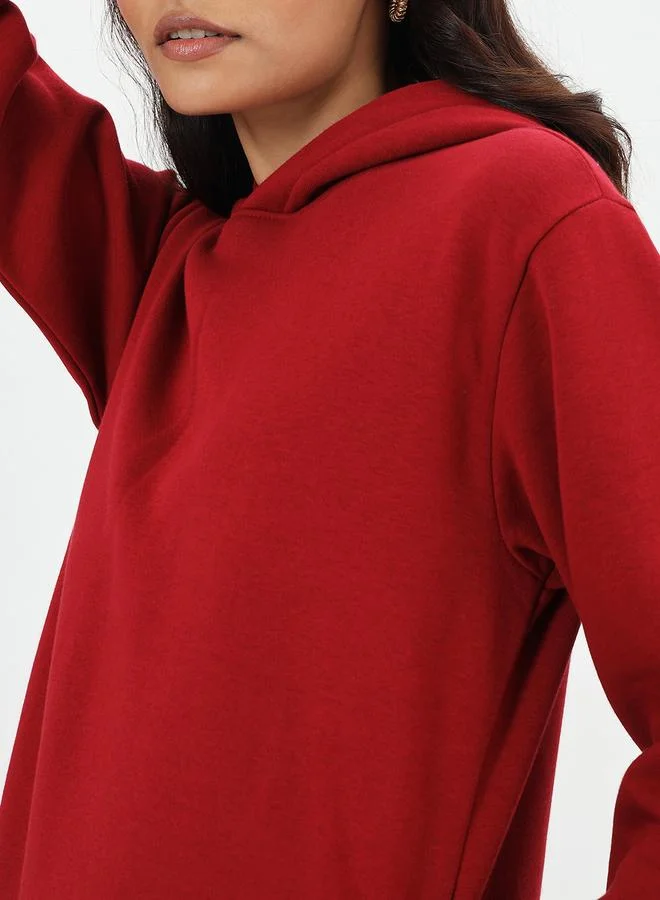 Femmella Red Fleece Hooded Mini Sweatshirt Dress