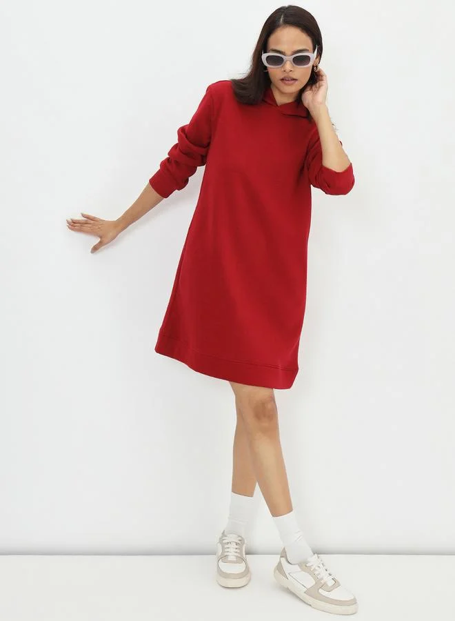 Femmella Red Fleece Hooded Mini Sweatshirt Dress