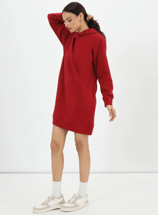 Femmella Red Fleece Hooded Mini Sweatshirt Dress