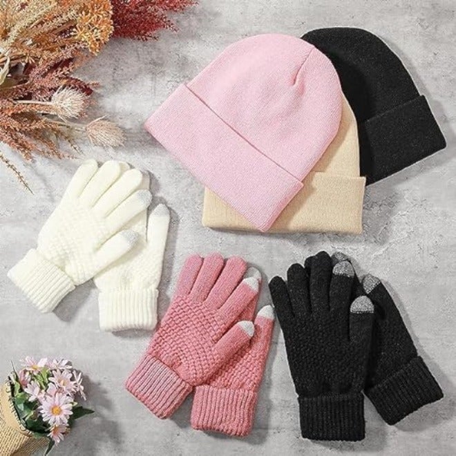ChicAbode 6 Pieces Winter Beanie Hat Gloves Set, Warm Knit Hat Touchscreen Gloves Soft Cozy Skull Cap Set for Women Men - Image 4