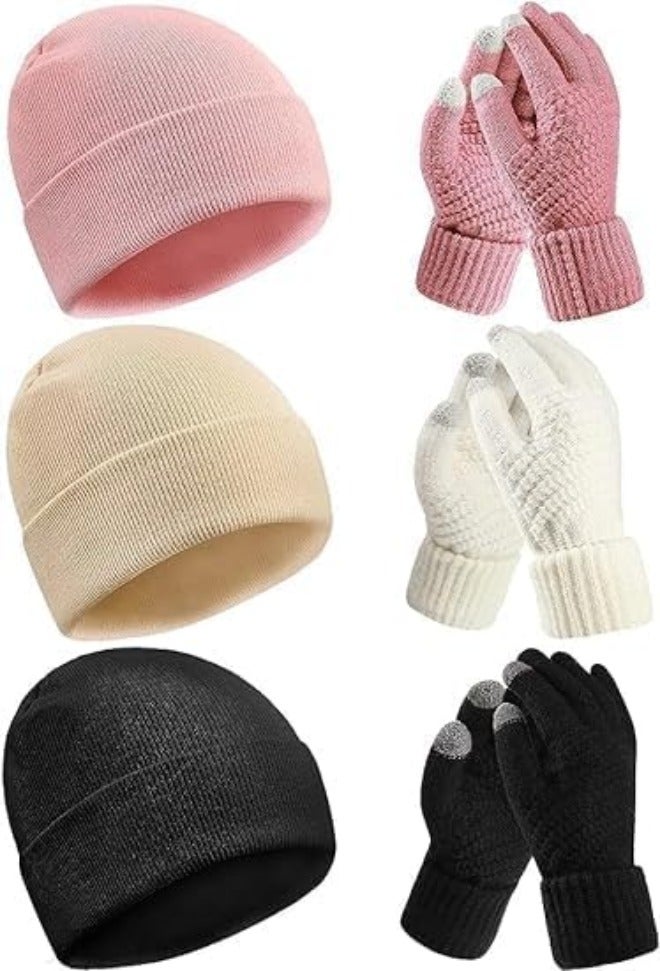 ChicAbode 6 Pieces Winter Beanie Hat Gloves Set, Warm Knit Hat Touchscreen Gloves Soft Cozy Skull Cap Set for Women Men - Image 1