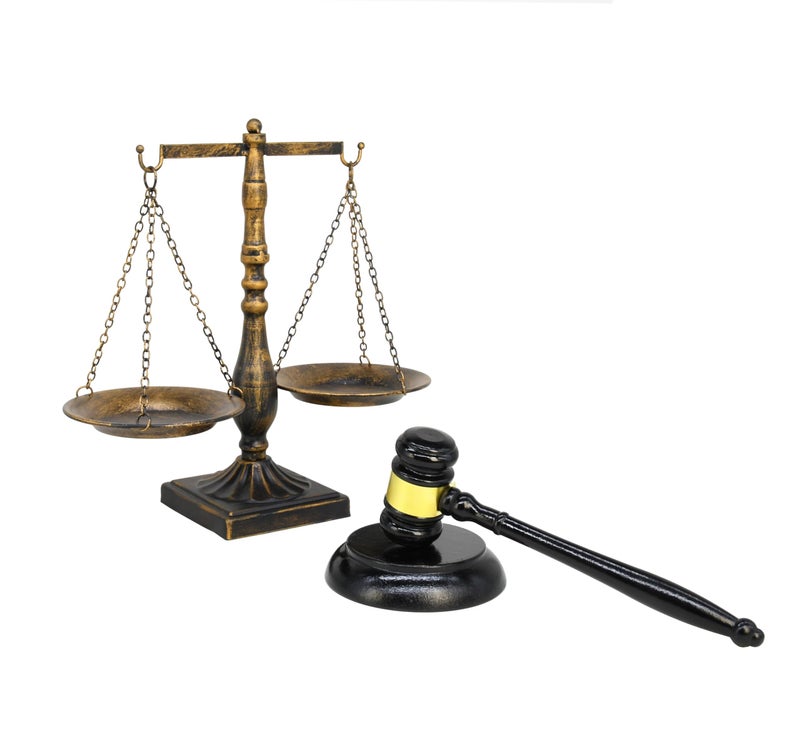 Owlgift Antique Metal Justice Represent Libra with Fixed Beam Jewelry Towerw Wooden Gavel and Block Set Lawyer Scale of Justice Judge Sound Block Set Auction Sale Bronze 111 W x 114 H - Image 2