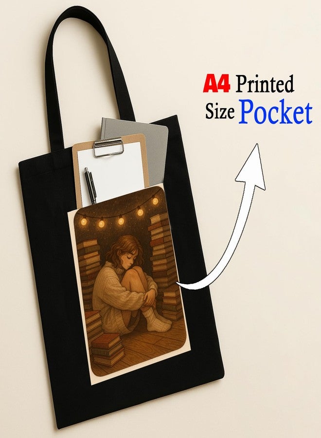 Megrok Cozy Reading Tote Bag for Women | Front A4 Size Printed Pocket | 16x14 Inch Plush Cotton Bag | Comfortable Design for Long Reads - Image 3