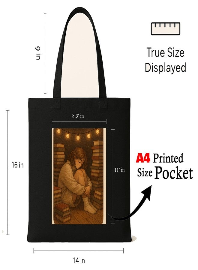 Megrok Cozy Reading Tote Bag for Women | Front A4 Size Printed Pocket | 16x14 Inch Plush Cotton Bag | Comfortable Design for Long Reads - Image 2
