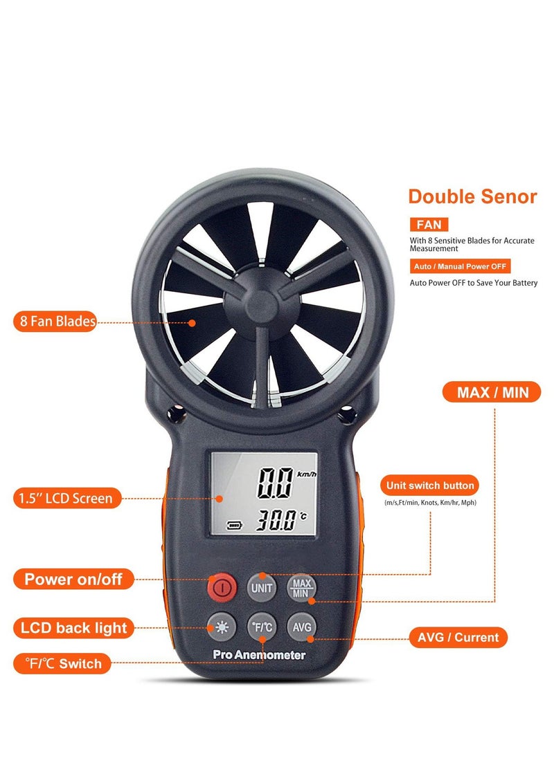Generic - Handheld Anemometer, Digital Wind Speed CFM Meter Gauge Air Flow Velocity Tester for HVAC Shooting Drone, Chill, 14℉-113℉ Temperature - Image 1