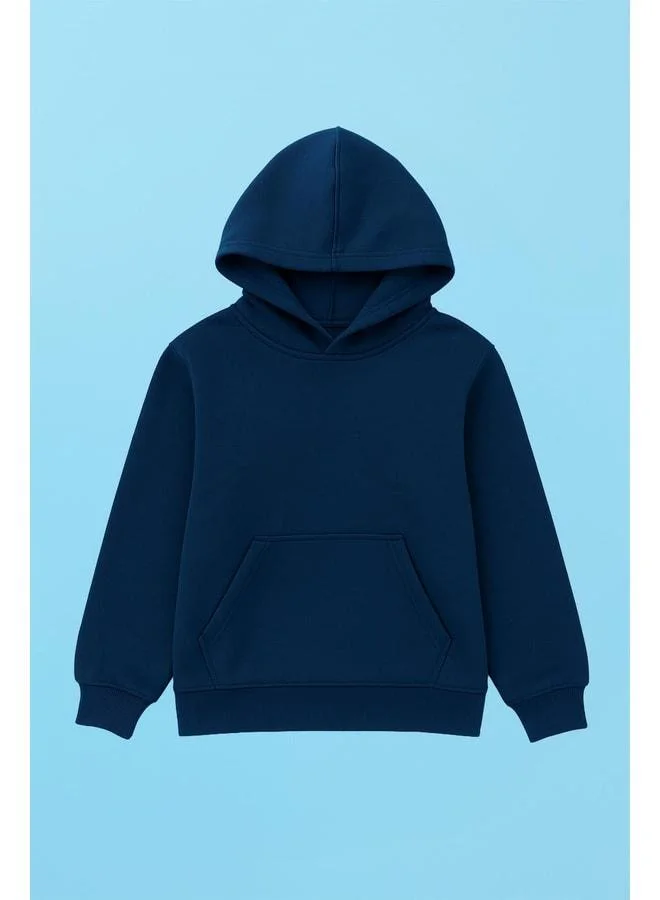 Perendi Unisex Hooded Kangaroo Pocket Ribbed Winter Sweatshirt - Navy.