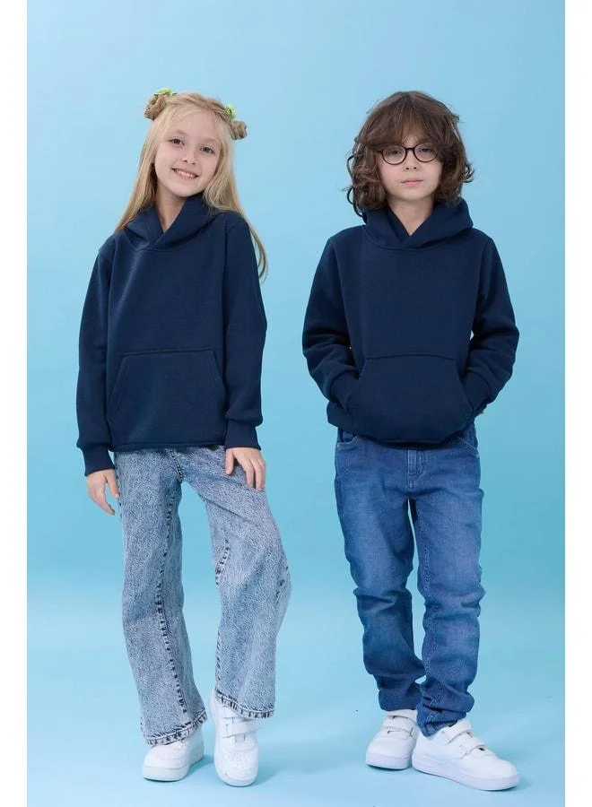 Perendi Unisex Hooded Kangaroo Pocket Ribbed Winter Sweatshirt - Navy.
