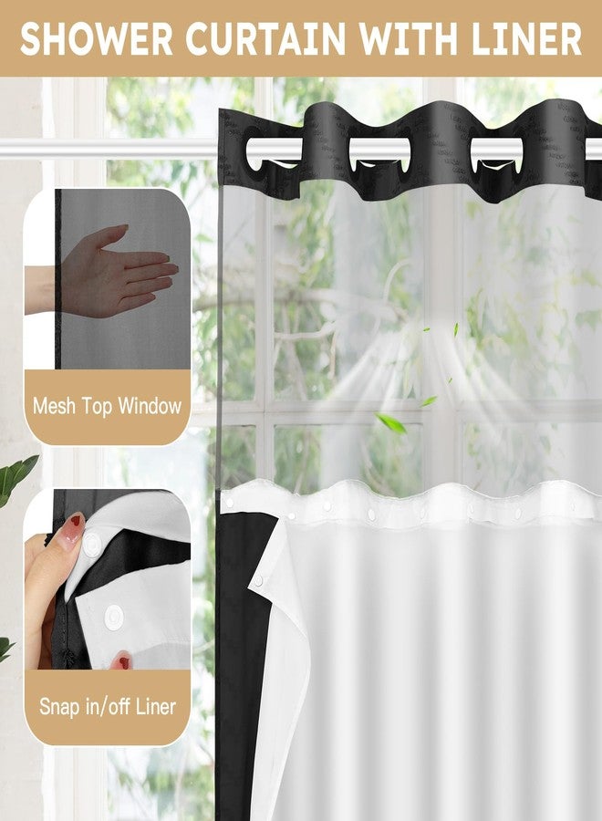 FADOTY No Hook Shower Curtain and Liner Set, Black Snap in Shower Curtain Ringless Chevron Tufted Cloth Waterproof Washable Fabric Bath Curtain with See Through Top Window for Bathroom Hotel 71" x 74" - Image 3