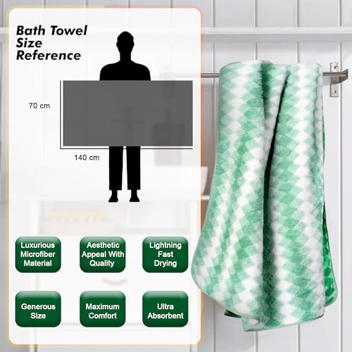 Status Contract Microfiber Towels for Bath-Soft Coral Fleece Towel with Hook Quick Dry Super Absorbent-Stripes Bath Towel for Men and Women-70 x 140 cm (White and Green) - Image 2
