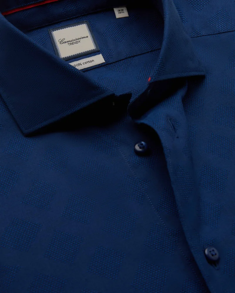 كاميتشسما Trendy Navy Blue Textured Slim Comfort Shirt