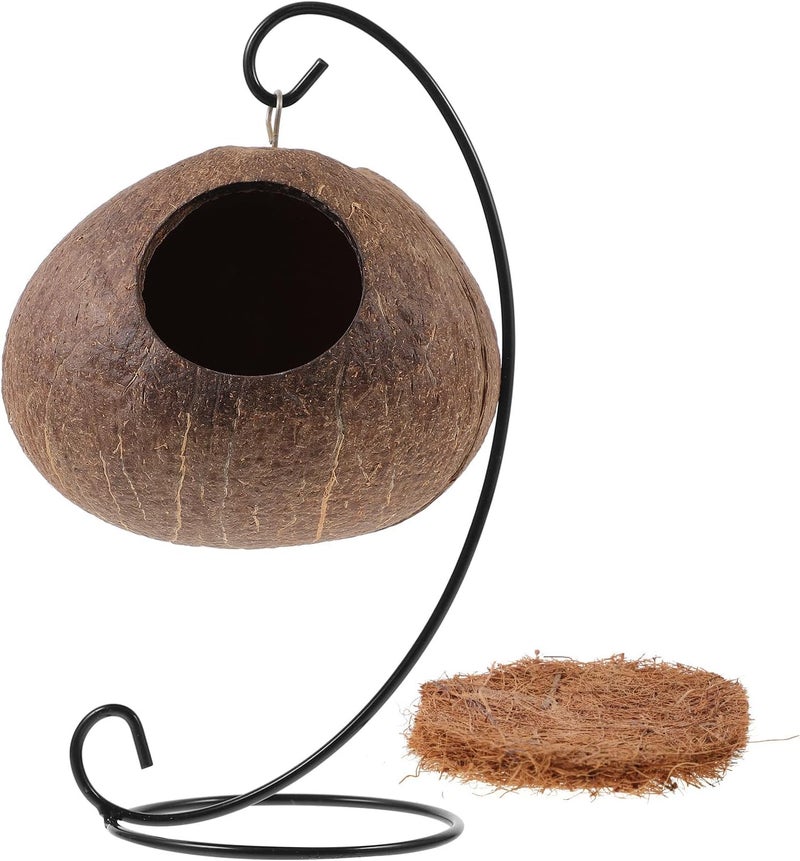 Coconut Shell Hanging Pet Nest with Iron Frame and Cushion, Small Animal Sleeping Bed Swing for Hamsters, Guinea Pigs, and Cage Accessory - Image 1