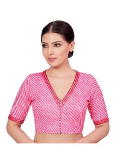 Studio Shringaar Studio Shringaar Women's Cotton Printed Readymade Elbow Length Sleeves Saree Blouse With Mirror Work(Pink, 34)  - Image 1