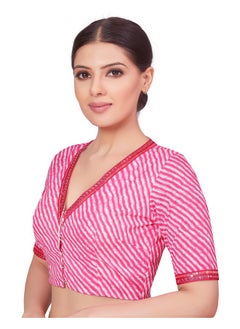 Studio Shringaar Studio Shringaar Women's Cotton Printed Readymade Elbow Length Sleeves Saree Blouse With Mirror Work(Pink, 34)  - Image 3