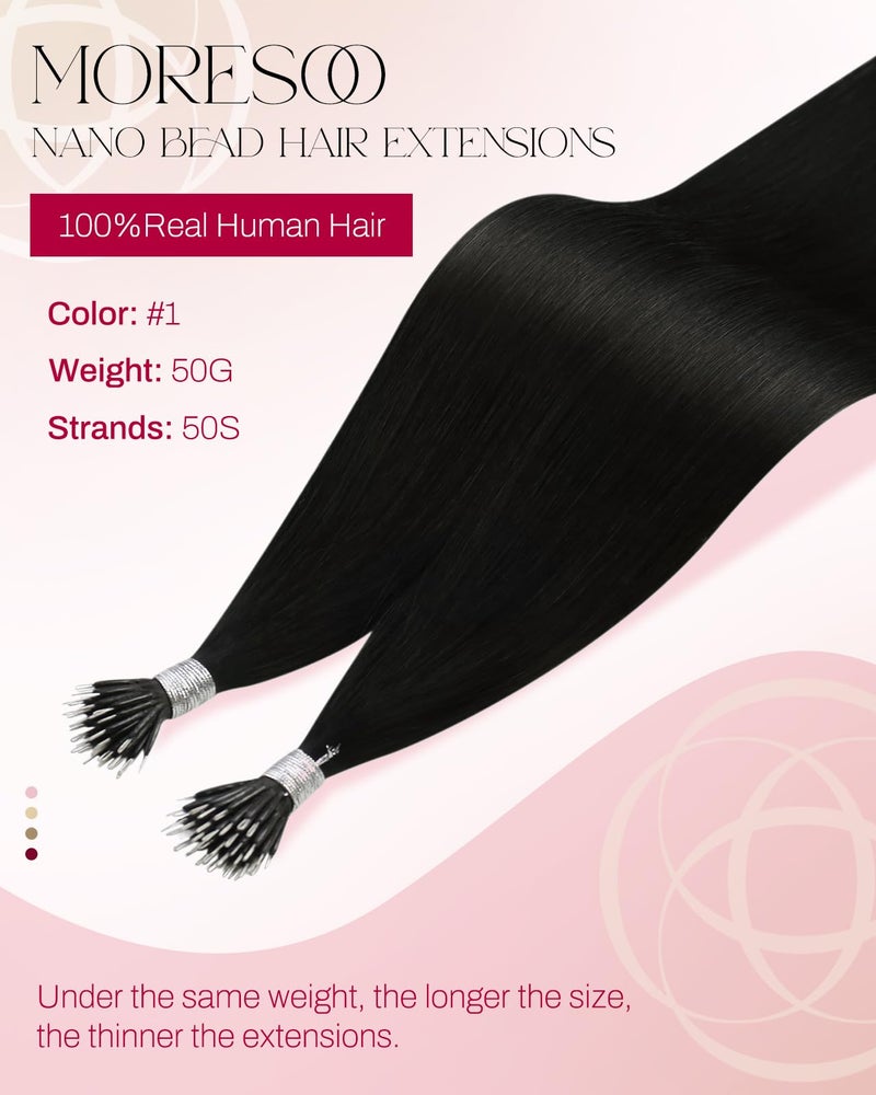 Moresoo Nano Hair Extensions Human Hair Jet Black Long Straight Nano Ring Hair Extensions Human Hair Black Invisible Add Length Or Volume 50S/50G 18 Inch - Image 2