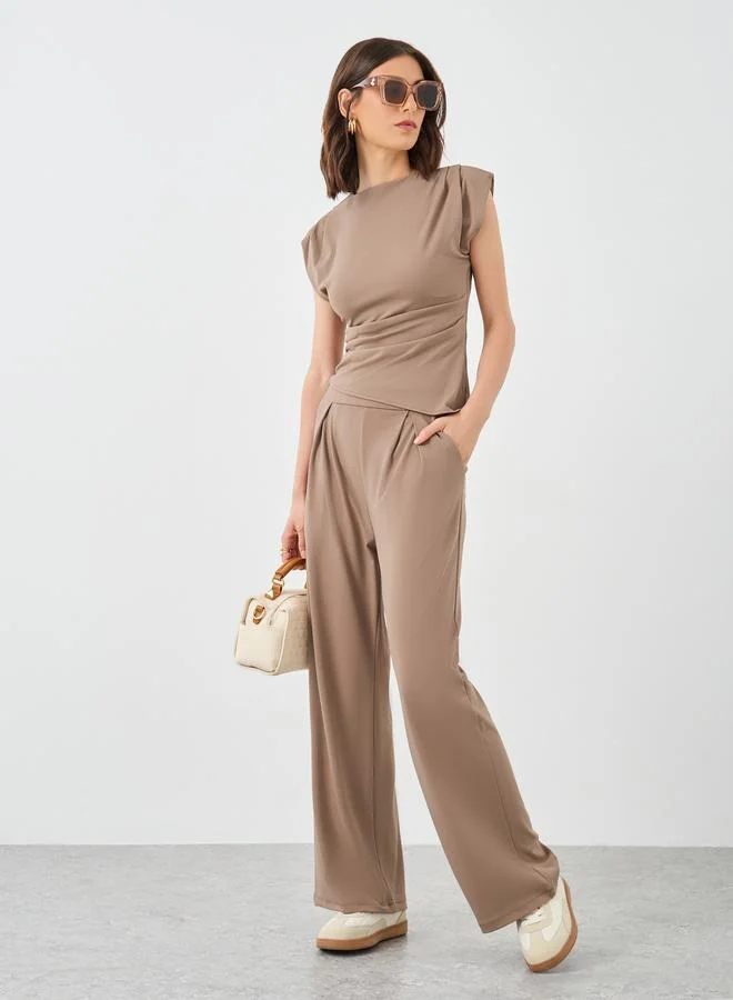 Take Two Take Two Brown Asymmetric Hem Top and Wide Leg Pants Co-Ords