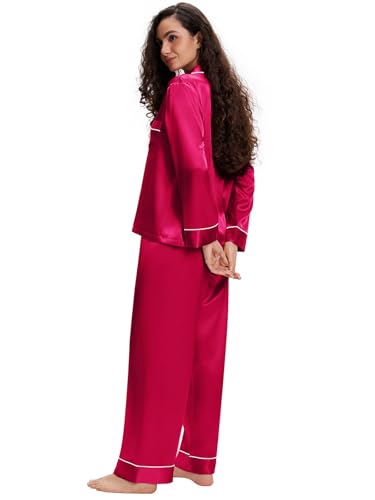 Lonxu Womens Silk Satin Pajamas Set Sleepwear Loungewear Red M - Image 3