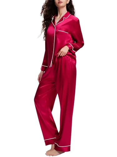 Lonxu Womens Silk Satin Pajamas Set Sleepwear Loungewear Red M - Image 1