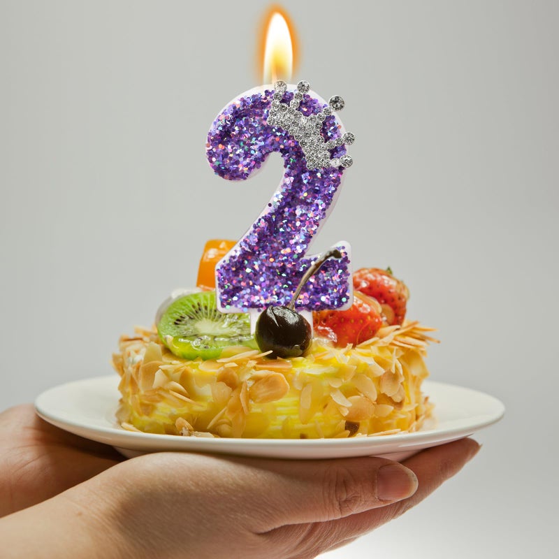AKURIEEY Birthday Number Candles,Purple Crown Birthday Candles for Cake,Glitter Number 2 Candle Cake Topper with Sequins for Anniversary Celebrations Supplies (Number 2) - Image 3