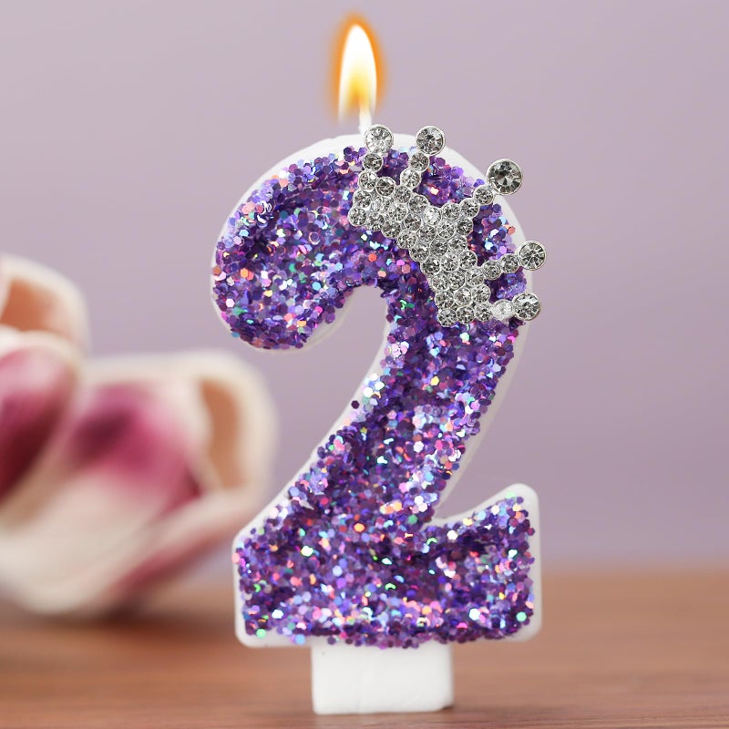 AKURIEEY Birthday Number Candles,Purple Crown Birthday Candles for Cake,Glitter Number 2 Candle Cake Topper with Sequins for Anniversary Celebrations Supplies (Number 2) - Image 2