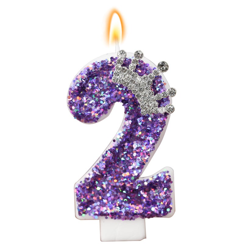 AKURIEEY Birthday Number Candles,Purple Crown Birthday Candles for Cake,Glitter Number 2 Candle Cake Topper with Sequins for Anniversary Celebrations Supplies (Number 2) - Image 1