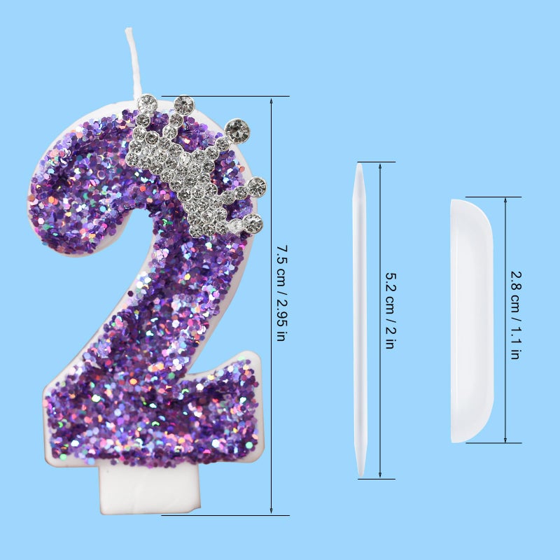 AKURIEEY Birthday Number Candles,Purple Crown Birthday Candles for Cake,Glitter Number 2 Candle Cake Topper with Sequins for Anniversary Celebrations Supplies (Number 2) - Image 4