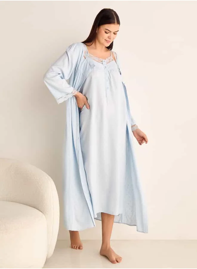 FAV Dobby Textured Camisole and Robe Set with Lace Detail