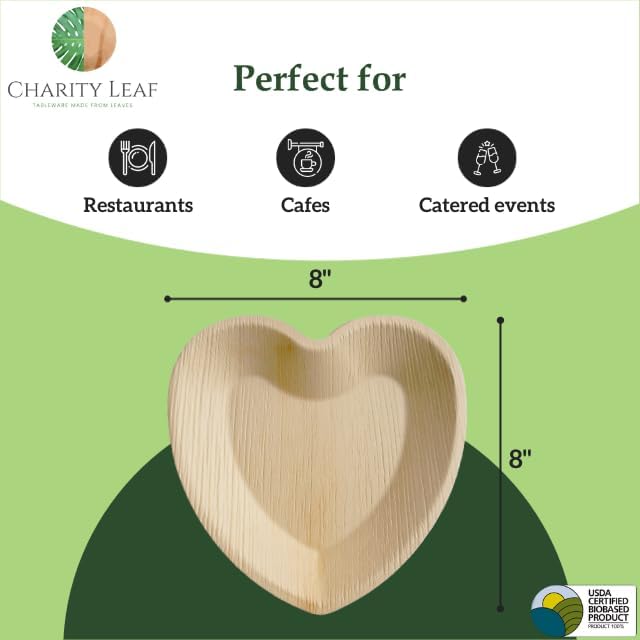 Charity Leaf Disposable Palm Leaf 8"" Heart Plates (25 pieces) Bamboo Like Serving Platters  Disposable Boards  Eco-Friendly Dinnerware For Weddings  Catering  Events - Image 3