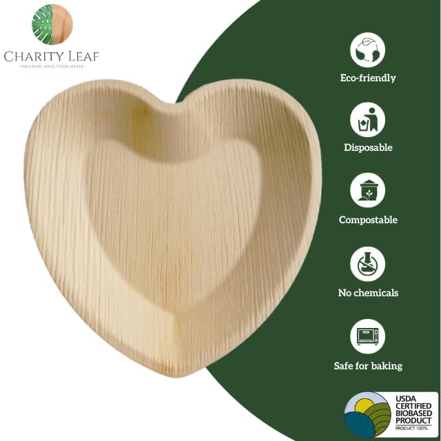 Charity Leaf Disposable Palm Leaf 8"" Heart Plates (25 pieces) Bamboo Like Serving Platters  Disposable Boards  Eco-Friendly Dinnerware For Weddings  Catering  Events - Image 4
