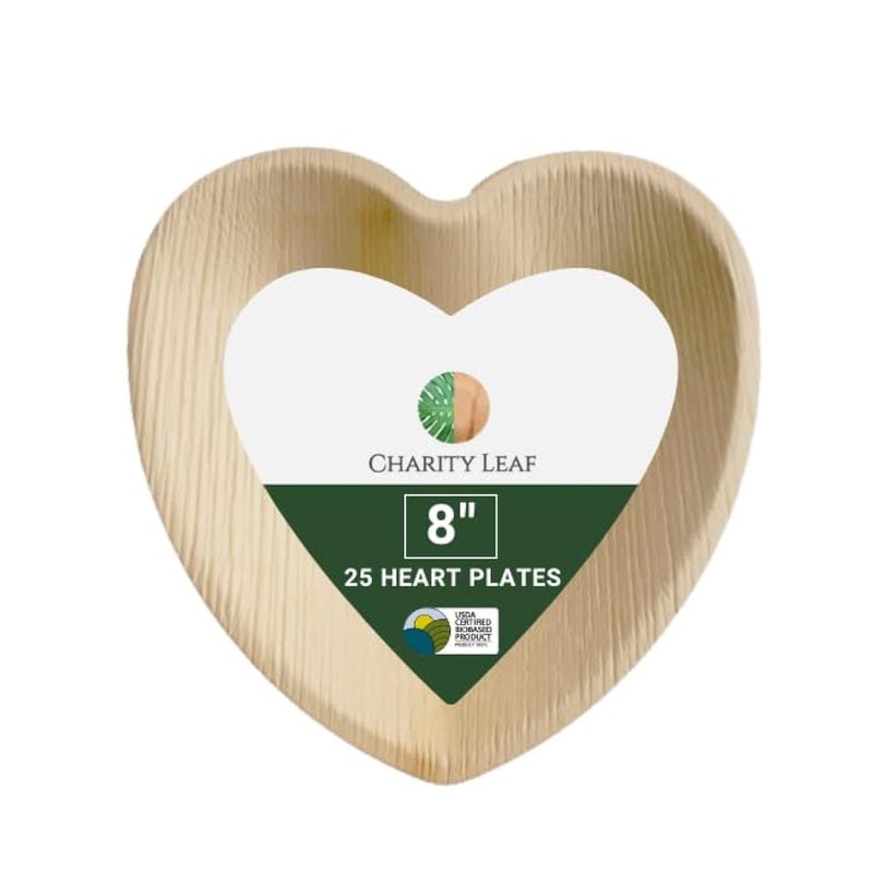 Charity Leaf Disposable Palm Leaf 8"" Heart Plates (25 pieces) Bamboo Like Serving Platters  Disposable Boards  Eco-Friendly Dinnerware For Weddings  Catering  Events - Image 1
