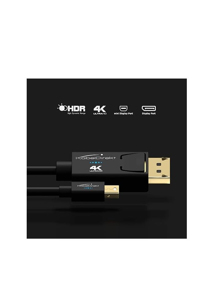 KabelDirekt – Mini DisplayPort (Thunderbolt) to DisplayPort cable (Mini DP to DP) – 1m – (UHD with 4K / 60Hz, Version 1.2, for PC & Mac, DP male connector with locking feature, black) – TOP Series