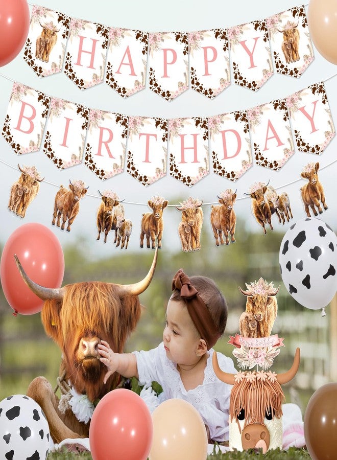 Funmemoir Highland Cow Birthday Decorations Girl, Boho Retro Floral Party Supplies - Happy Birthday Banner, Cattle Garland, Cake Toppers, Balloons for Farm Animal Holy Cow Party Decor - Image 3