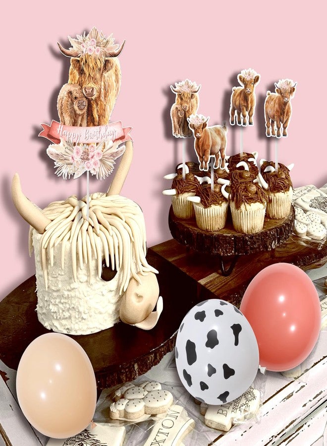 Funmemoir Highland Cow Birthday Decorations Girl, Boho Retro Floral Party Supplies - Happy Birthday Banner, Cattle Garland, Cake Toppers, Balloons for Farm Animal Holy Cow Party Decor - Image 4