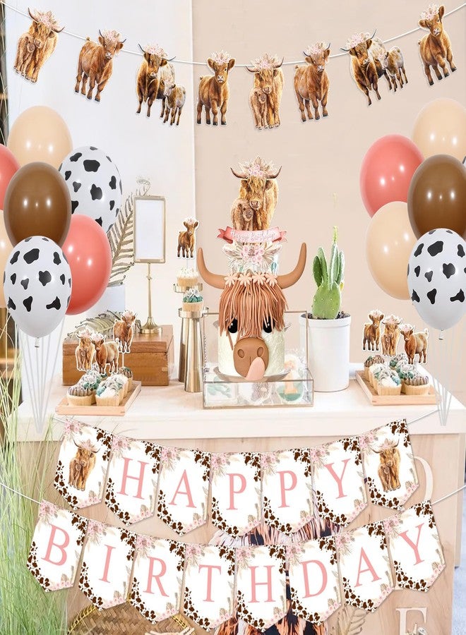 Funmemoir Highland Cow Birthday Decorations Girl, Boho Retro Floral Party Supplies - Happy Birthday Banner, Cattle Garland, Cake Toppers, Balloons for Farm Animal Holy Cow Party Decor - Image 2