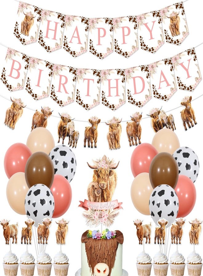 Funmemoir Highland Cow Birthday Decorations Girl, Boho Retro Floral Party Supplies - Happy Birthday Banner, Cattle Garland, Cake Toppers, Balloons for Farm Animal Holy Cow Party Decor - Image 1