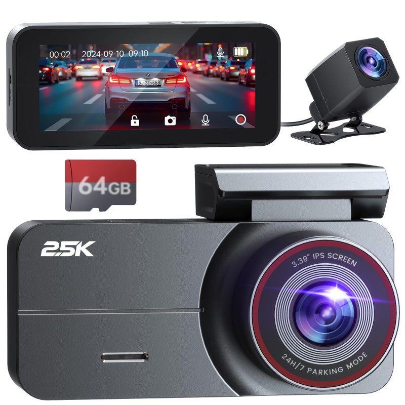 Yonvim Dash Cam Front and Rear, 2.5K /1080P QHD Dual Dash Camera for Cars, Super Night Vision Dashcam, Loop Recording, 3.39â€ IPS, 64GB Card Included, 160Â° Wide Angle, Parking Mode - Dark Pro - Image 1