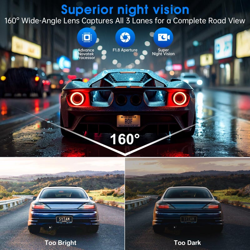 Yonvim Dash Cam Front and Rear, 2.5K /1080P QHD Dual Dash Camera for Cars, Super Night Vision Dashcam, Loop Recording, 3.39â€ IPS, 64GB Card Included, 160Â° Wide Angle, Parking Mode - Dark Pro - Image 3
