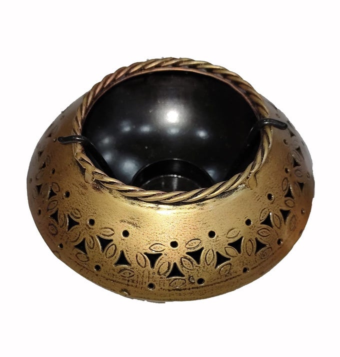CRAFTS HOME DECOR TEALIGHT HOLDERPERFORATED DEGCHI STYLE CANDLE STANDANTIQUE FINISHED DHOOP INCENSETEALIGHT HOLDER DEGCHI POT BLACK GOLDEN CHROME POLISHED 12X12X6 CM