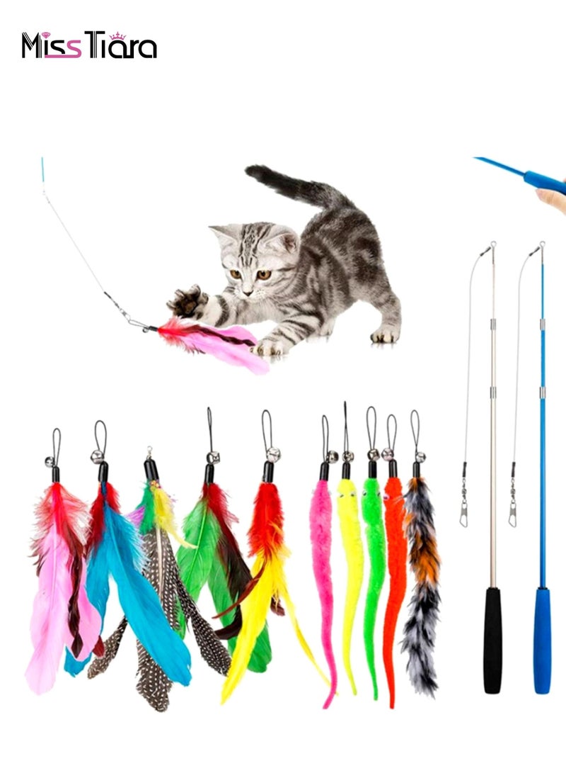 MissTiara ألعاب القطط الصغيرة لتدريب القطط في الأماكن المغلقة، ألعاب ريش القطط التفاعلية مع عصا دعابة قابلة للسحب، 10 قطع من عبوات الريش - Image 1