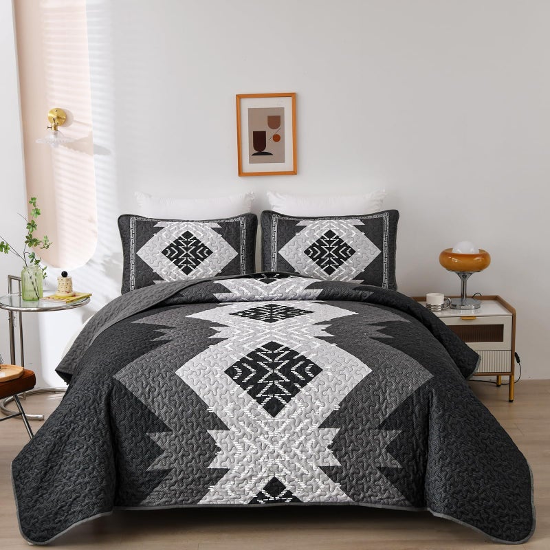 Dintszyayue Black Quilt Set Boho California King Size,3 Piece Aztec Texture Bedspread Coverlet Set Soft Lightweight Bedding Set Geometric Bohemian Bedspread with 2 Pillowcases(Black,96"x112") - Image 1