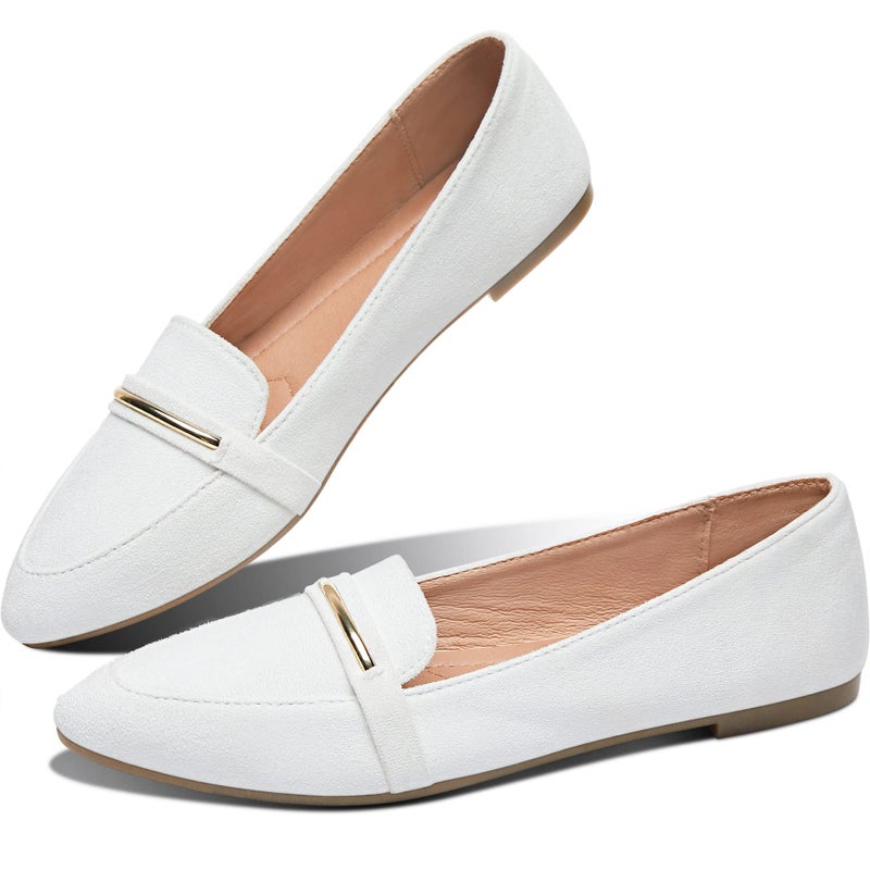 Obtaom Women's Pointy Toe Loafer Flat Comfortable Faux Suede Work Shoes,Cute Penny Loafer Slip On Ballet Flat(White US8) - Image 1